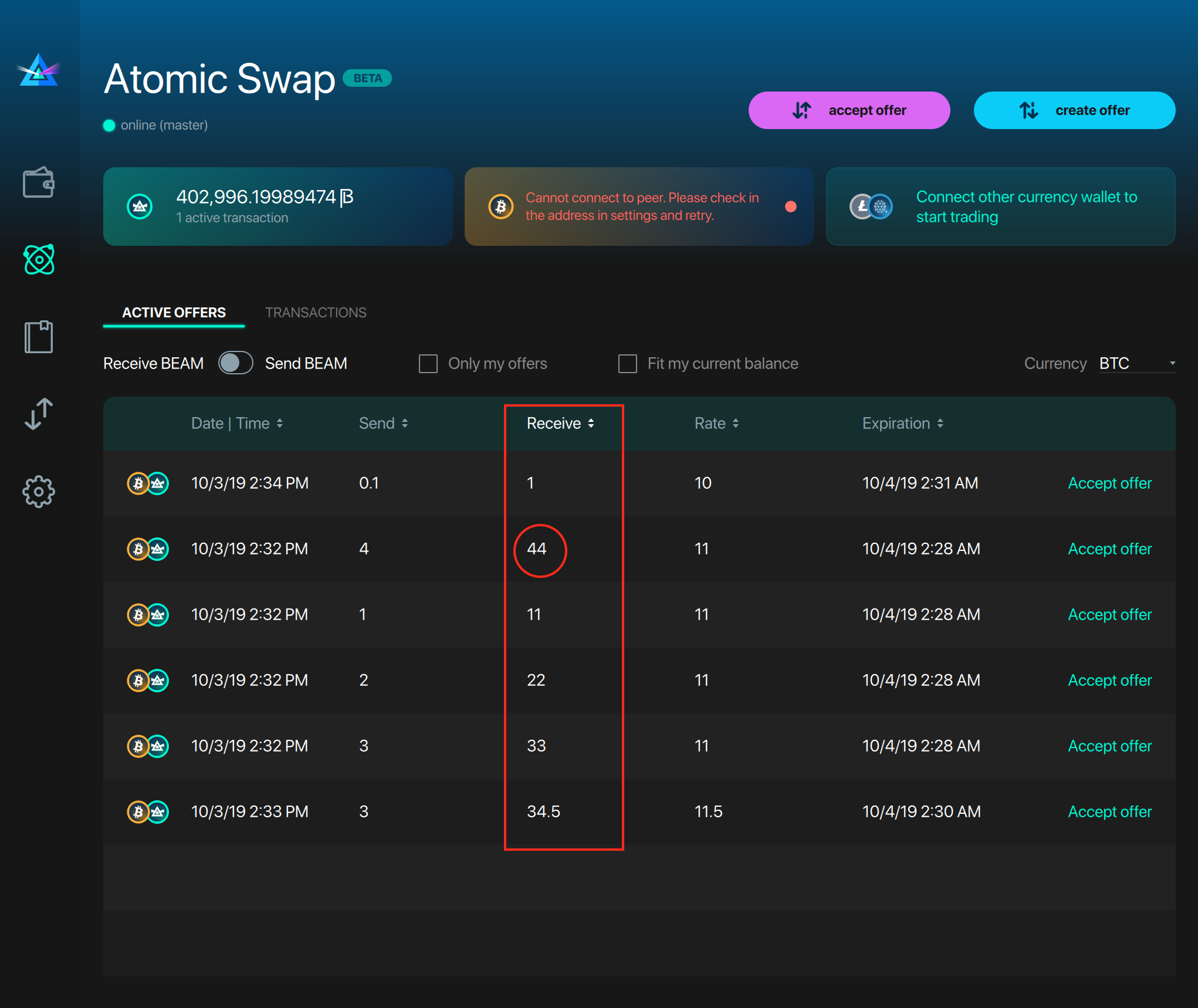 [UI Wallet] Atomic Swap screen: table sorting works incorrectly for ...