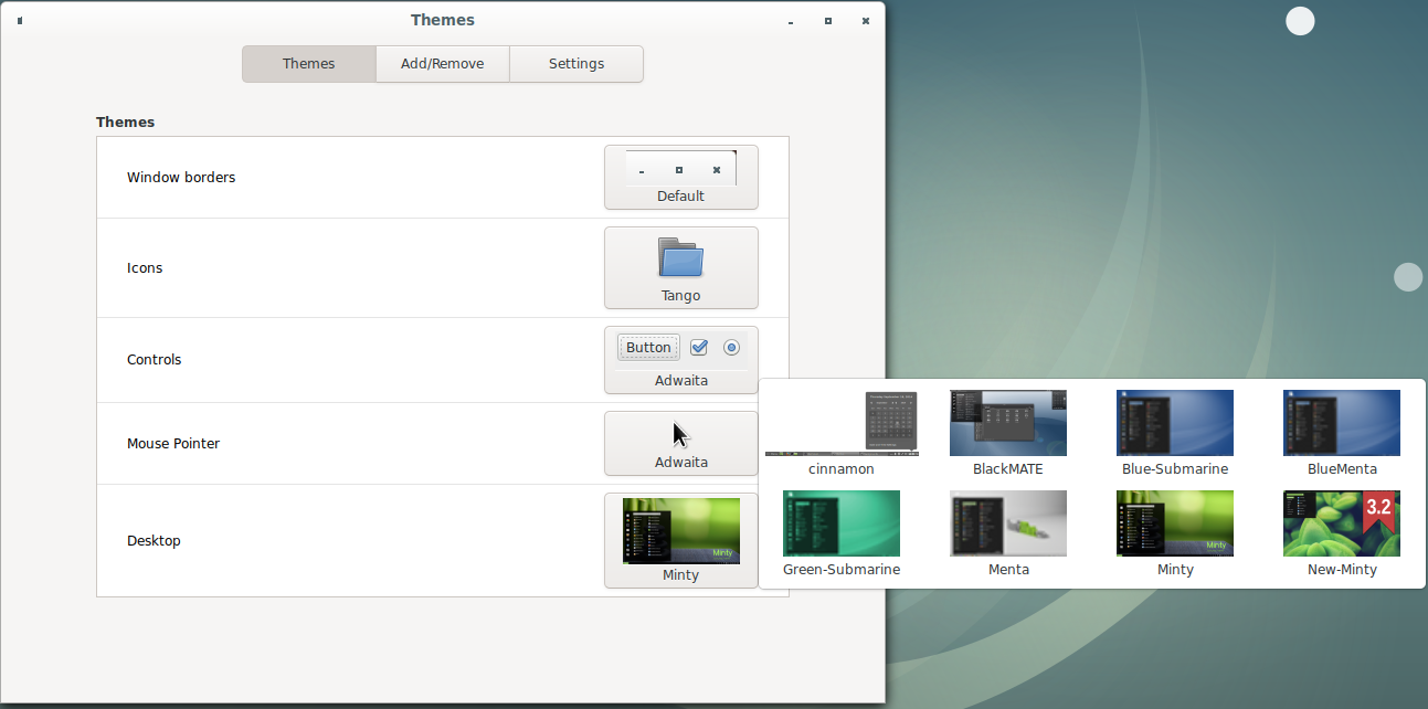 Themes setting window and the Desktop options