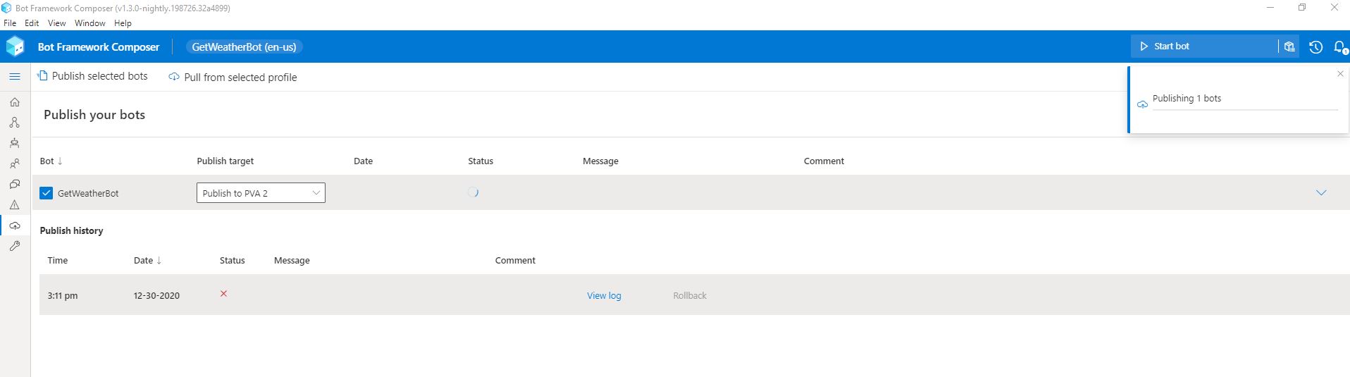 Publish to PVA from Bot Framework Composer Hangs and Never Completes ...