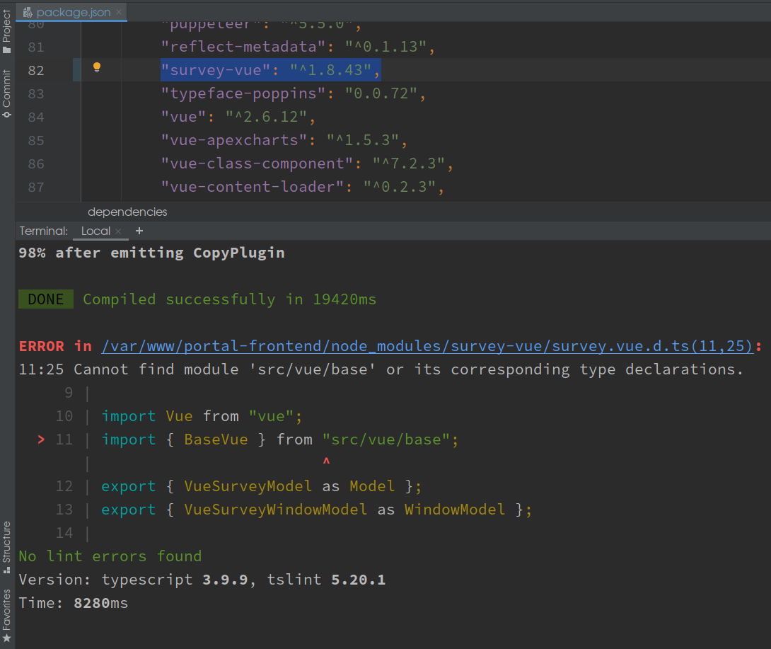 Cannot find module 'survey-core' or its corresponding type declarations ...