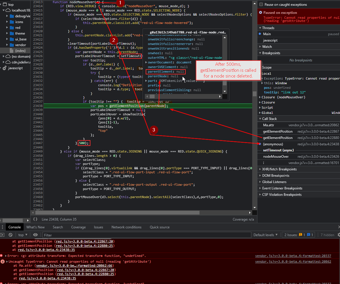 `Uncaught TypeError` error in browser console when deleting nodes from
