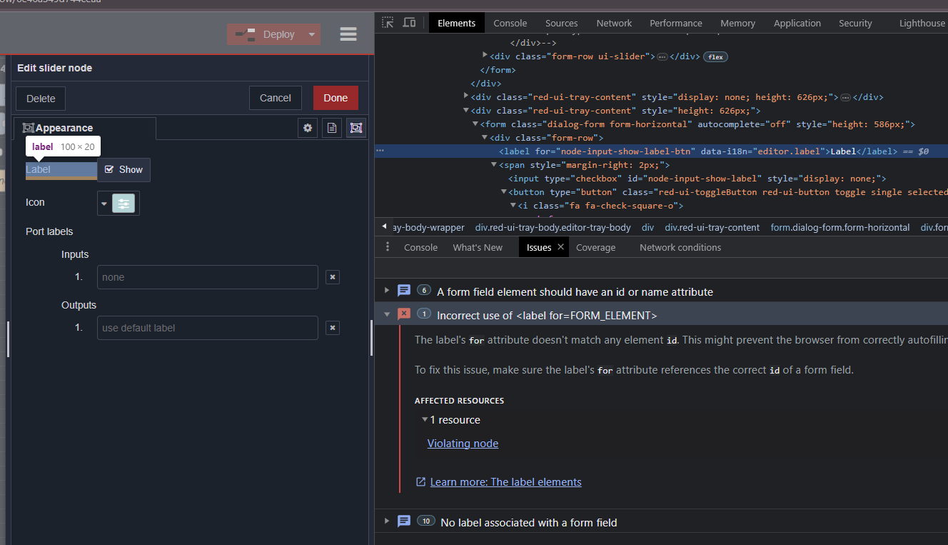 Invalid label for attribute on the tray > appearance "Label" property
