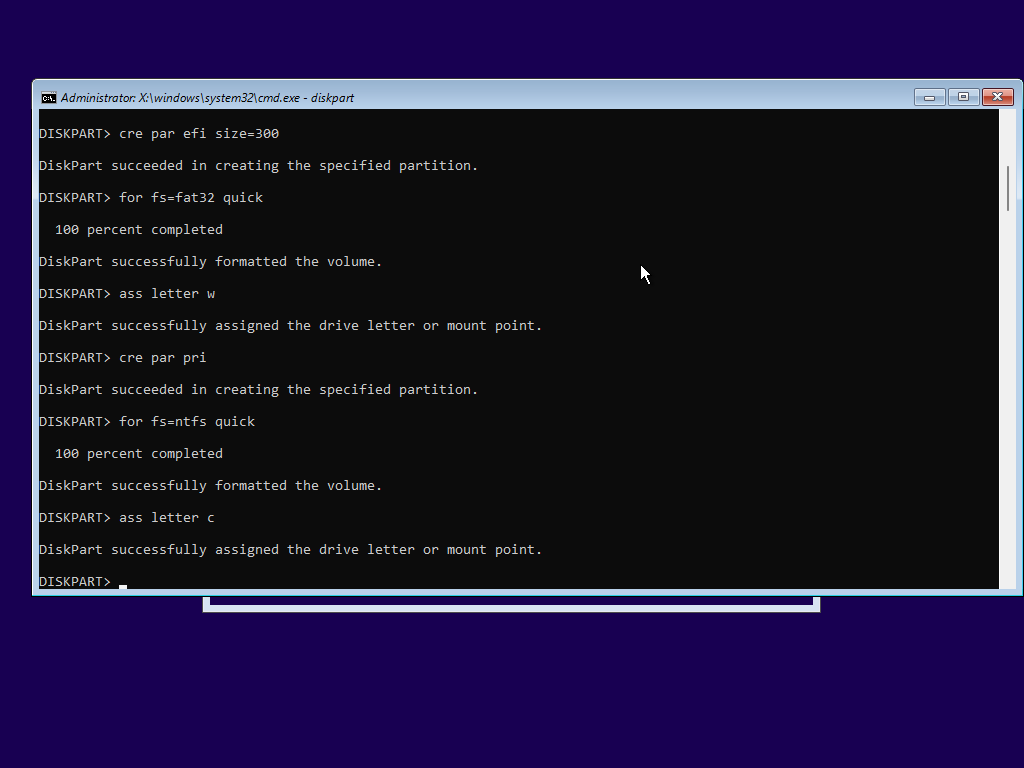 cre par pri, for fs=ntfs quick, ass letter c