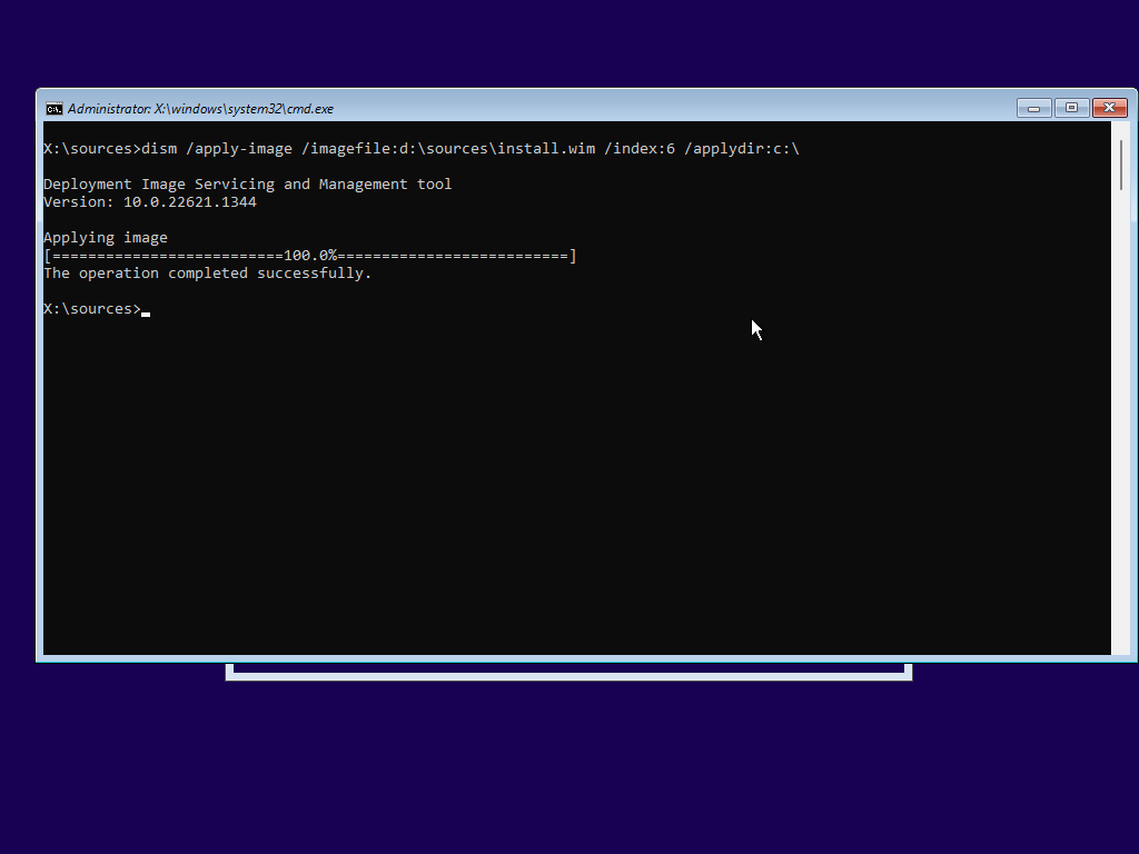 dism /apply-image /imagefile:d:\sources\install\wim /index:6 /applydir:c:\\