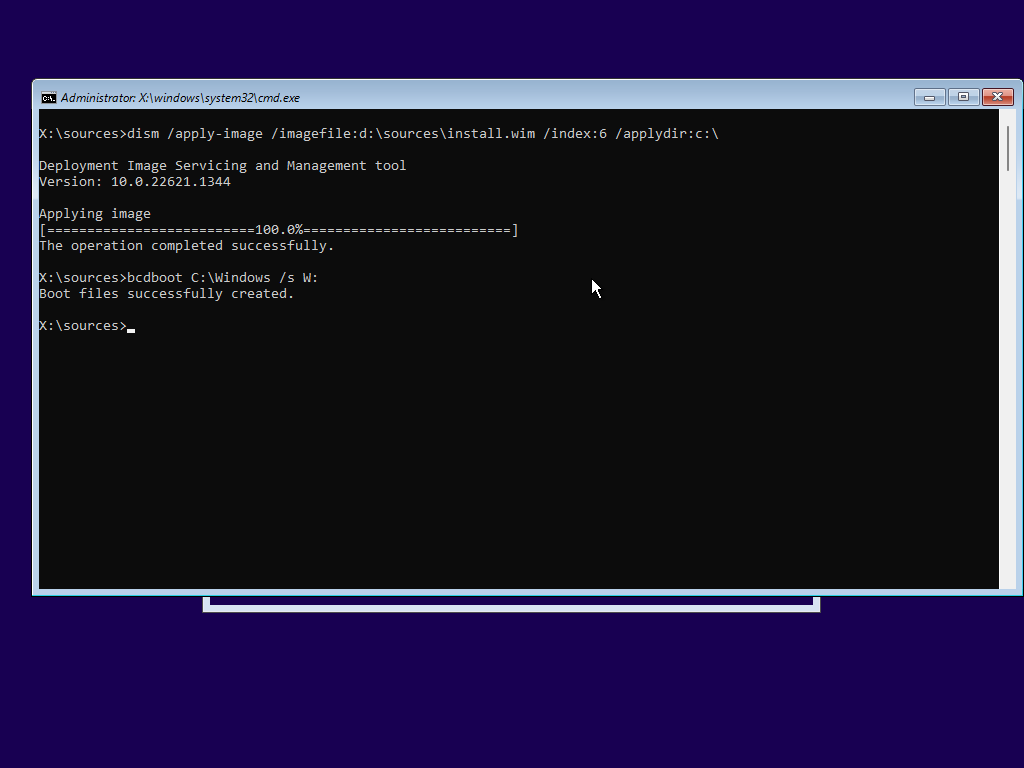 bcdboot C:\Windows /s W: