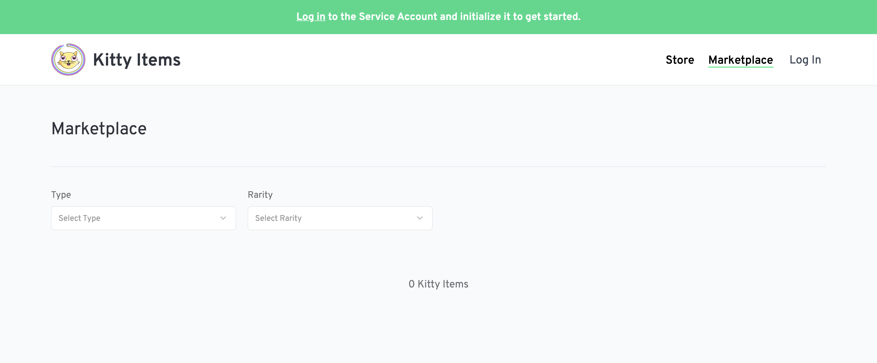 Kitty Items web app doesn't show any items in Marketplace or Store