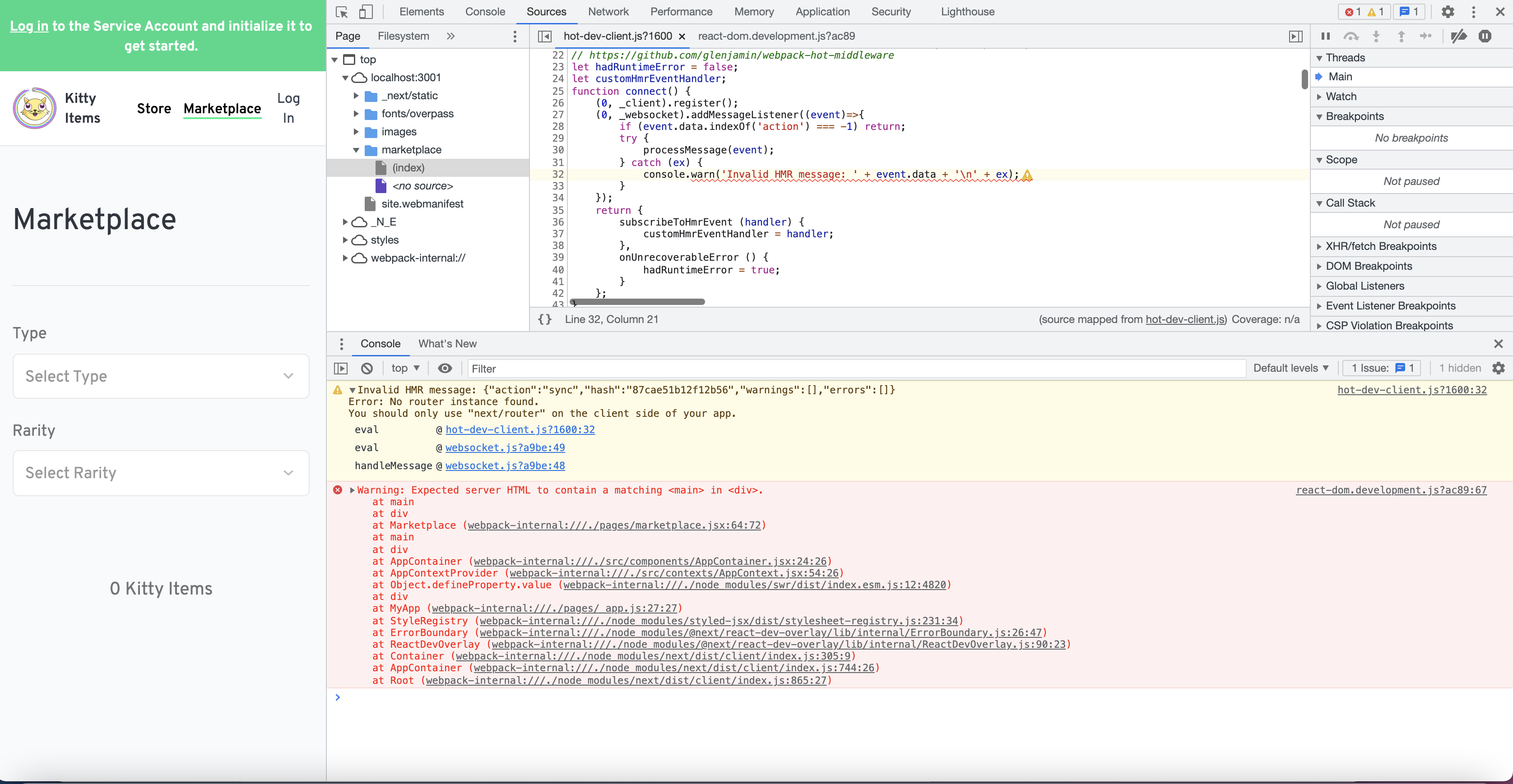 Kitty Items web app doesn't show any items in Marketplace or Store