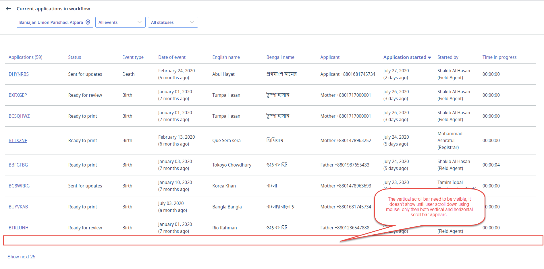 There should be a vertical scroll bar in the table of Status > View all