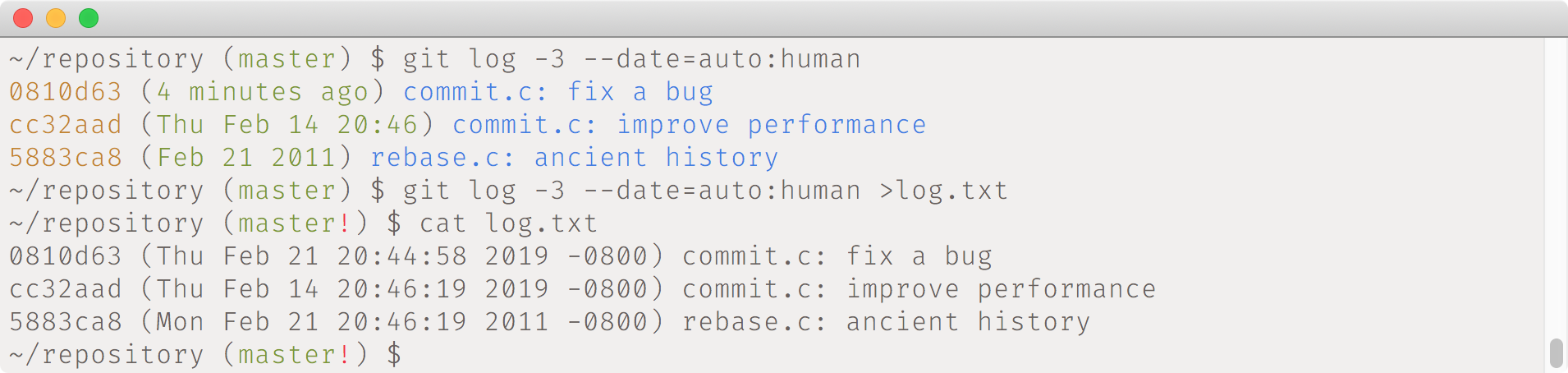 git log --date=auto:human example