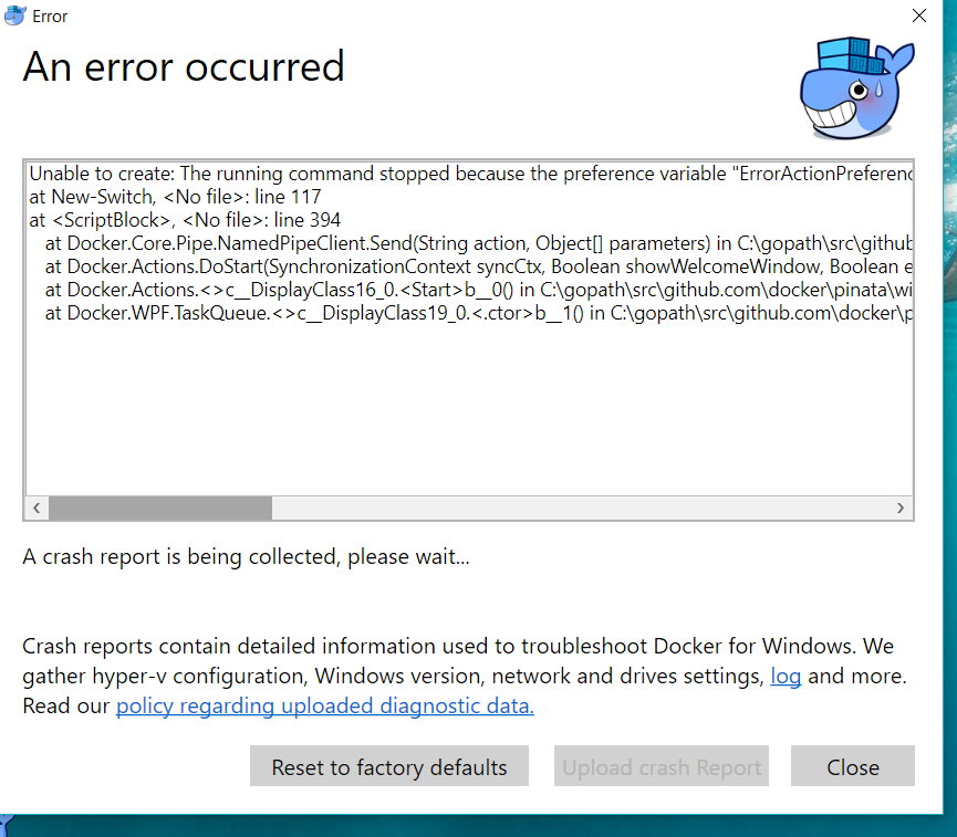 An error was encountered during. An error occurred containers windows.