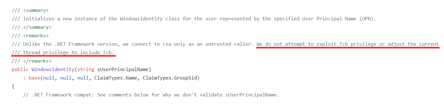 WindowsIdentity doesn't leverage SeTcbPrivilege privilege for ...