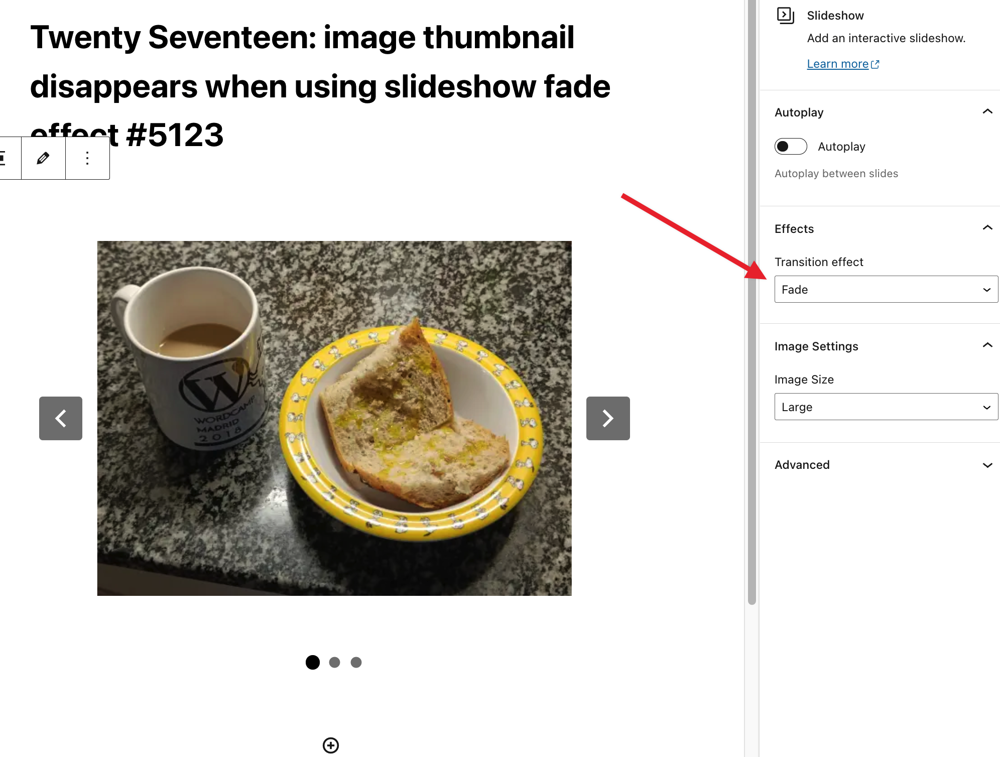 Twenty Seventeen image thumbnail disappears when using slideshow fade