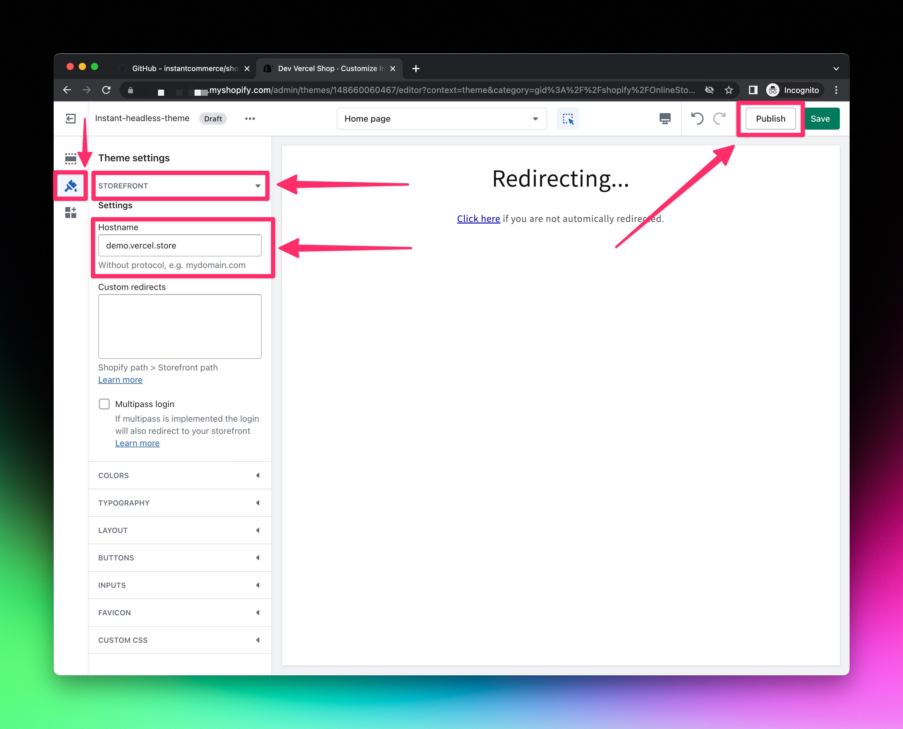 Set headless domain in theme settings