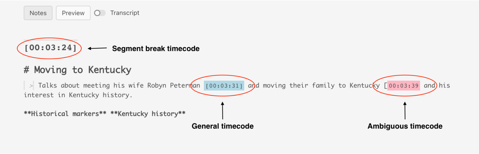 Actively-linked timecode types in TIM: Segment Break, General, Ambiguous