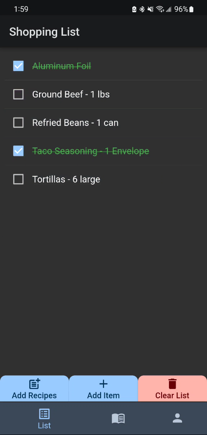 Shopping List Page