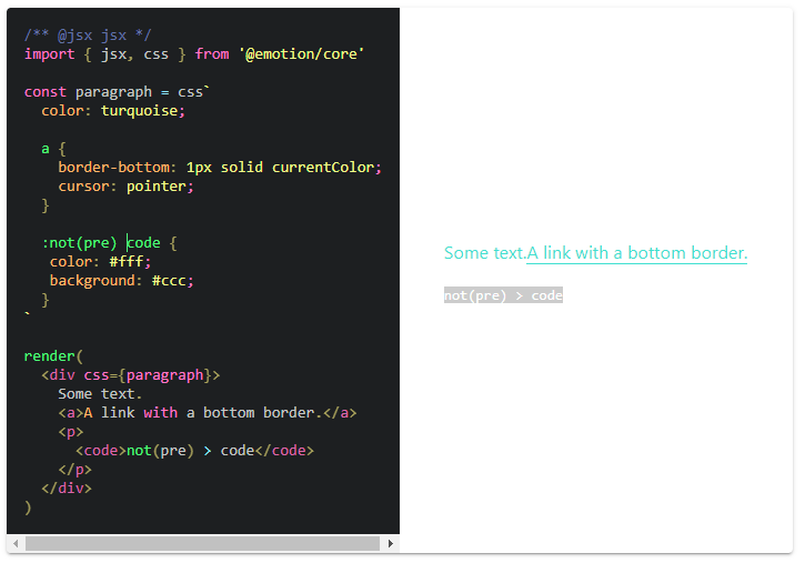This selector does not work, is this intended? `:not(pre) > code ...