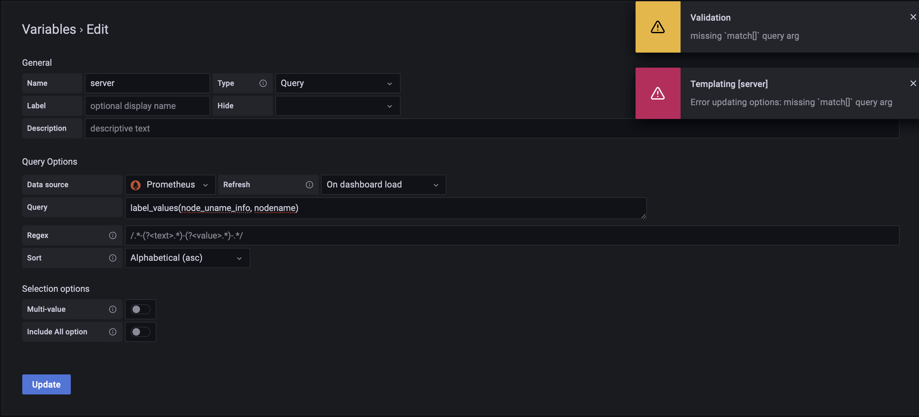 Grafana 9.0.0 Dashboard fails to load Prometheus label_values as a