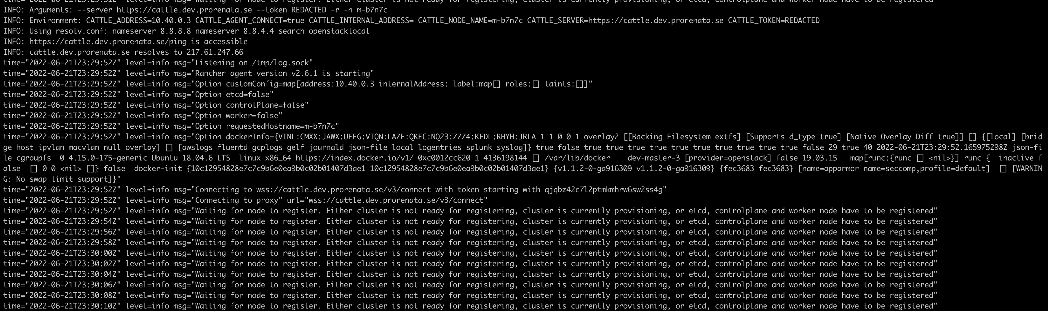 Waiting for node to register. Either cluster is not ready for registering, cluster is currently