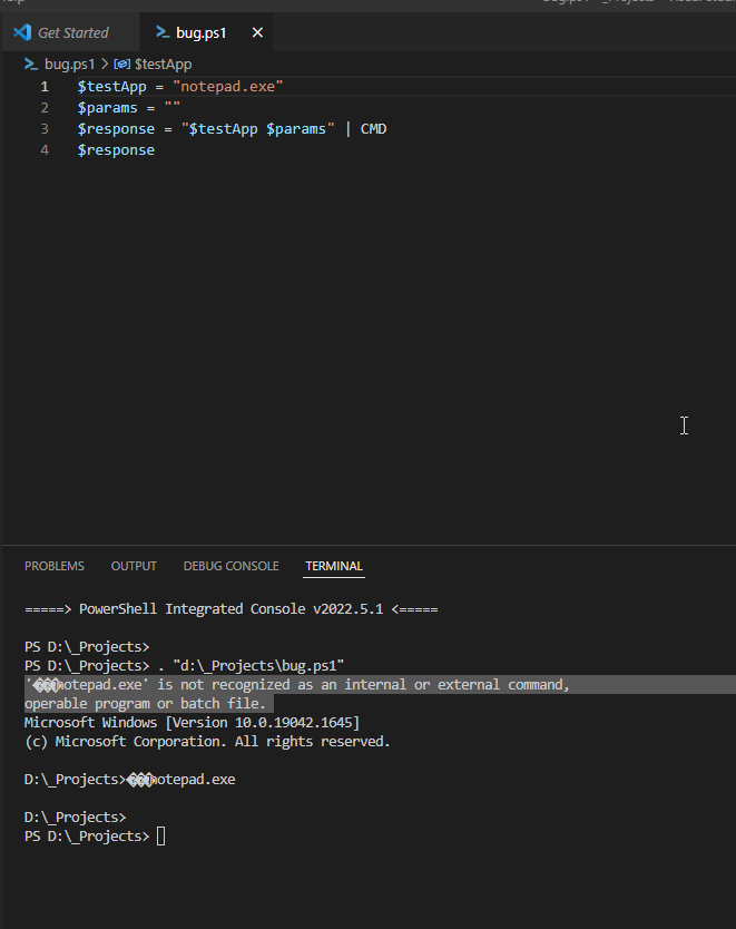 When trying to call an application from PowerShell Code, Code adds to ...