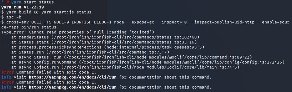 “yarn start status”doesn‘t work · Issue #3490 · iron-fish/ironfish · GitHub