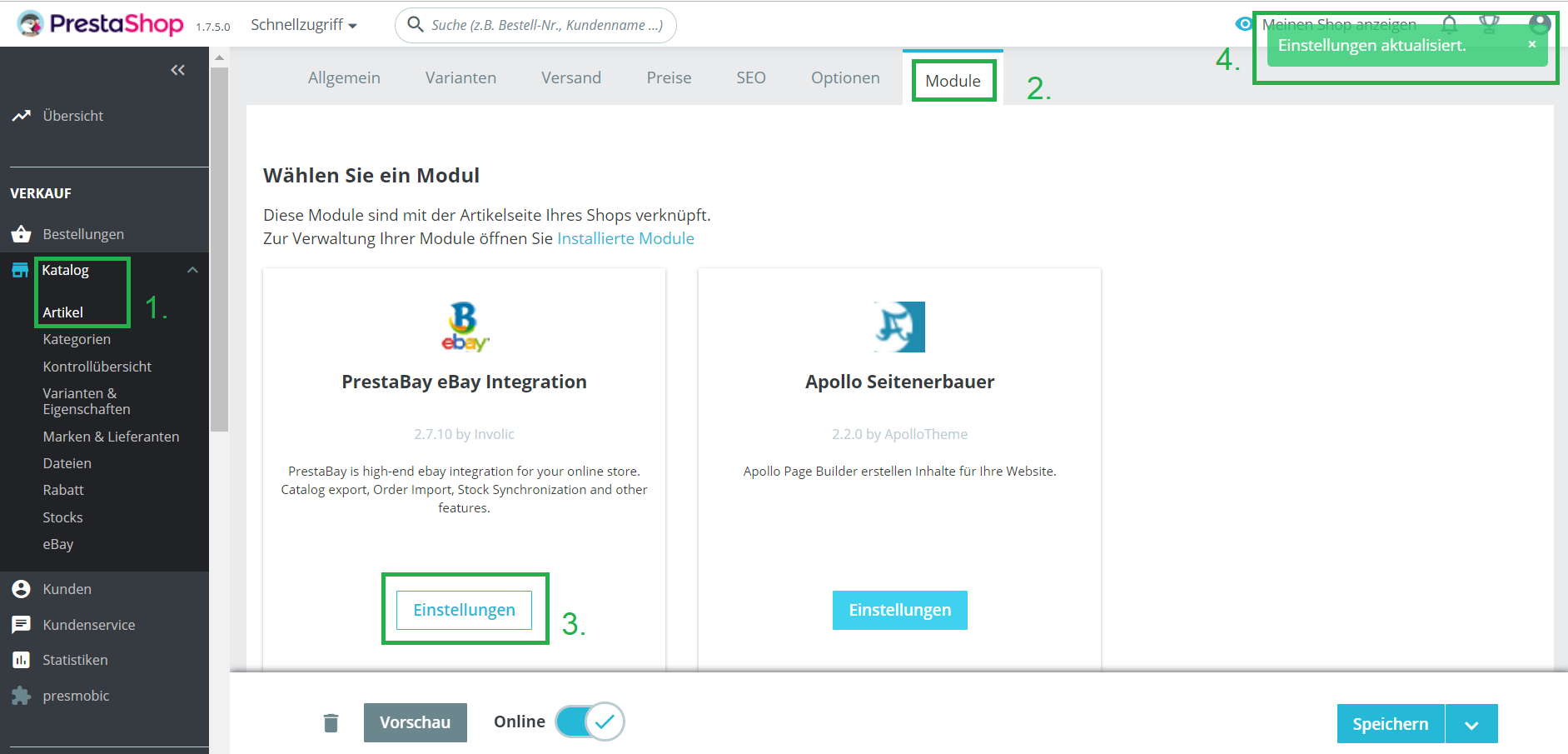 1.7.5 Modules under Catalog > Articles > Moduls does not work anymore ...