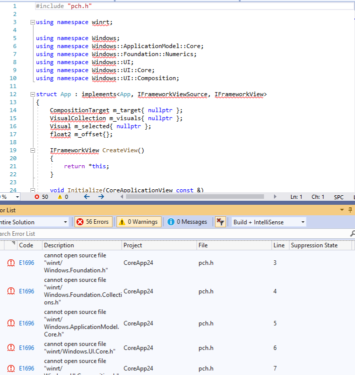 Red squiggles when creating a new C++/WinRt Core App in Visual Studio ...