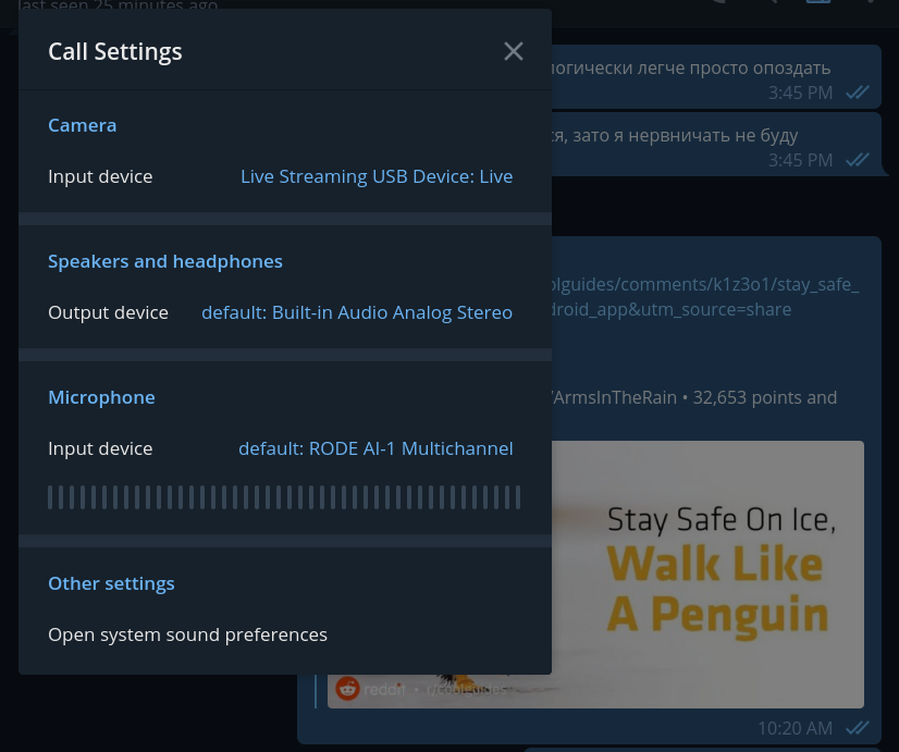 Telegram can't use external camera and mic whilst MS Teams and Zoom can ...