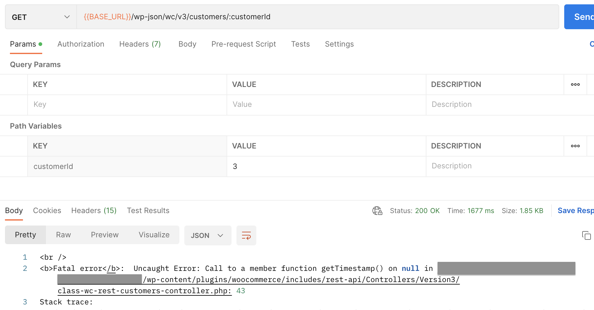 `customers` REST API endpoint is throwing a `500 internal server error ...