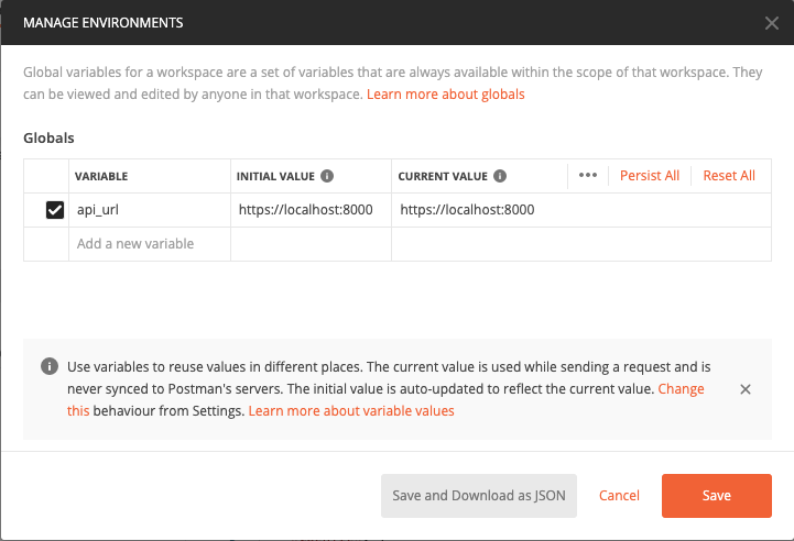 screenshot of Postman environment variable setup