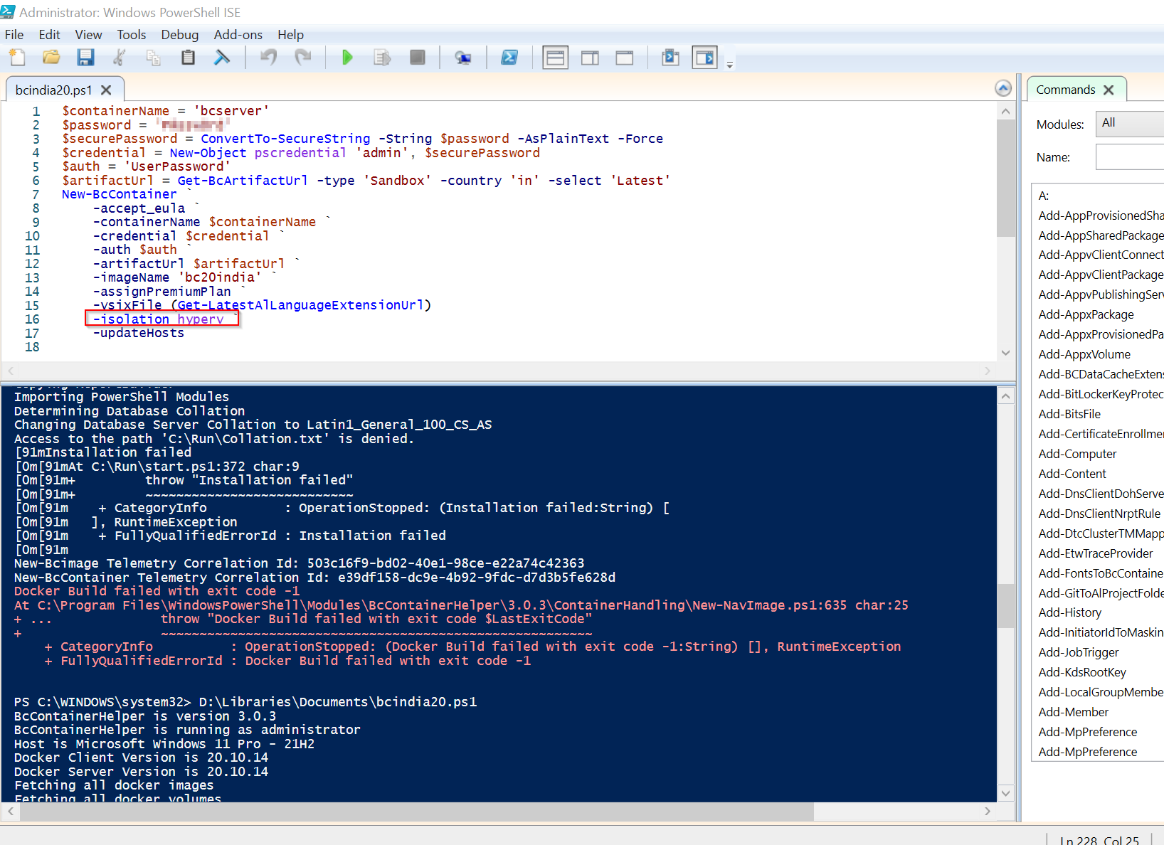 Docker Container Creation Error - Access to the path 'C:\Run\Collation ...