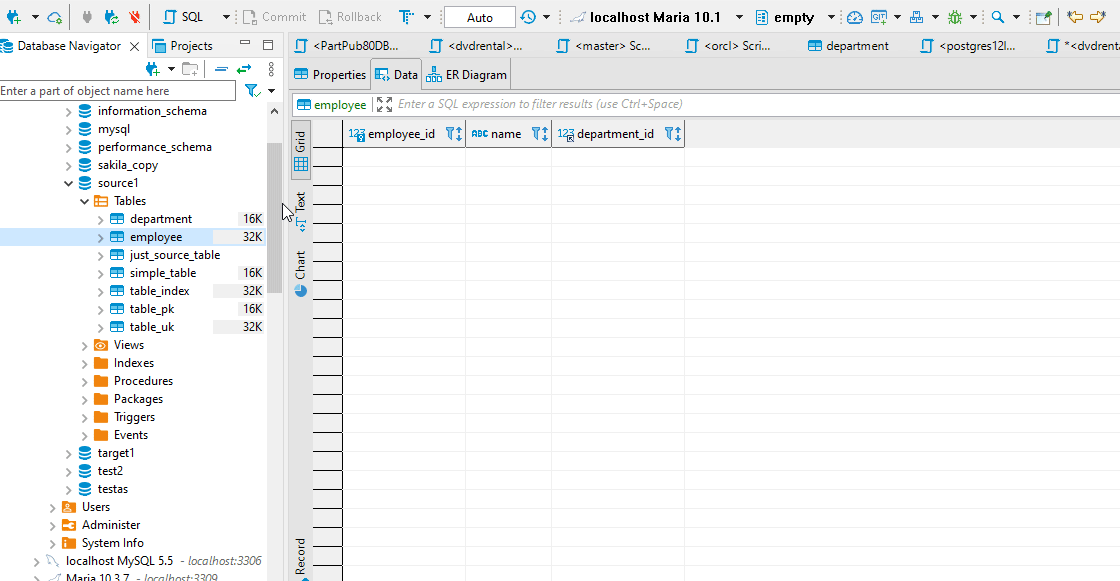 The SQL Editor is opened for a default schema from the Data Editor ...