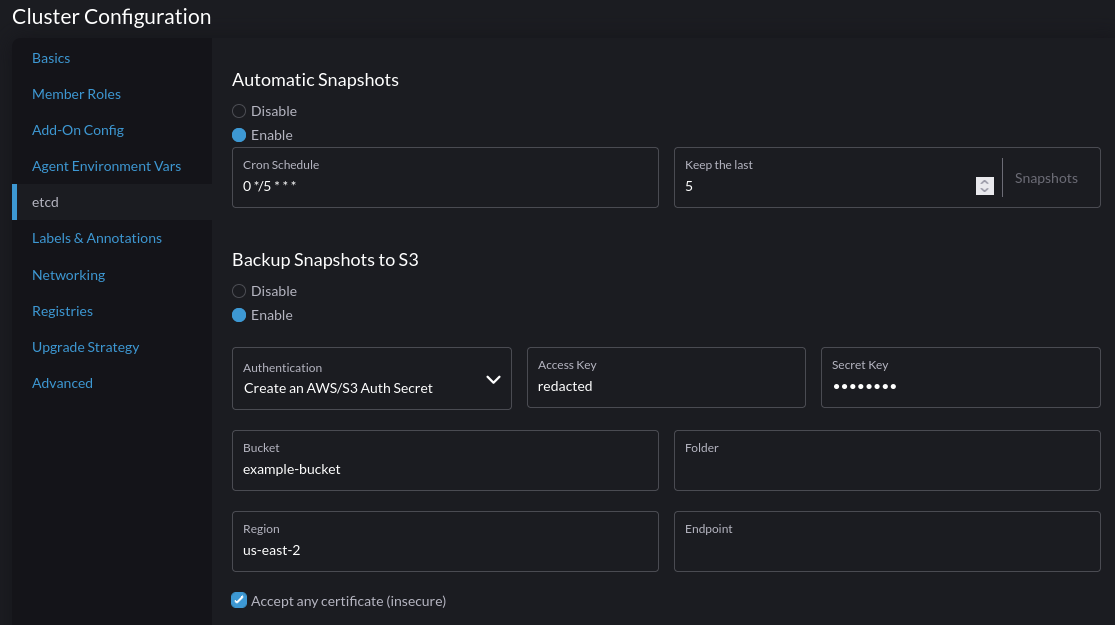 s3 bucket configuration not passed into provisioning.cattle.io.clusters
