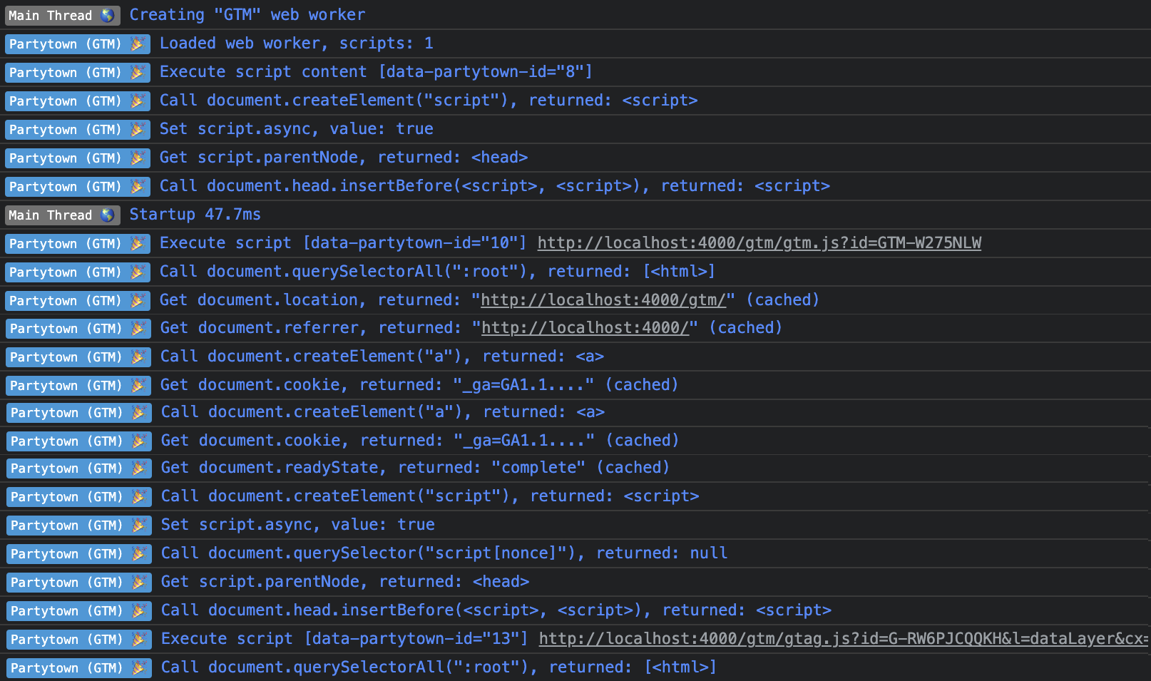 Partytown Debug Console Logs