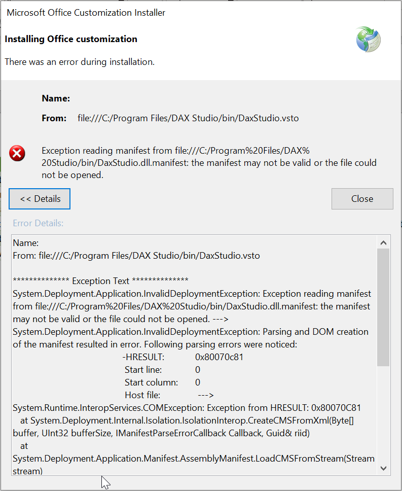 Excel Addin fails to load with invalid manifest error