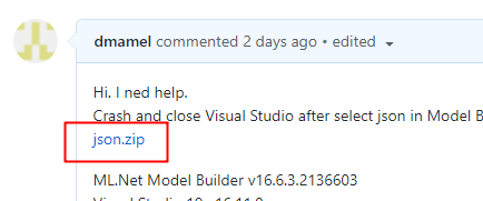 Crash Visual Studio after select json in Model Builder when language ...