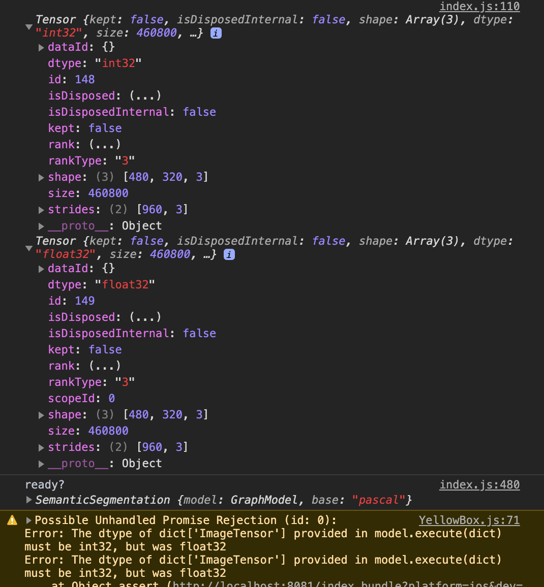 The dtype of dict['ImageTensor'] provided in model.execute(dict) must ...