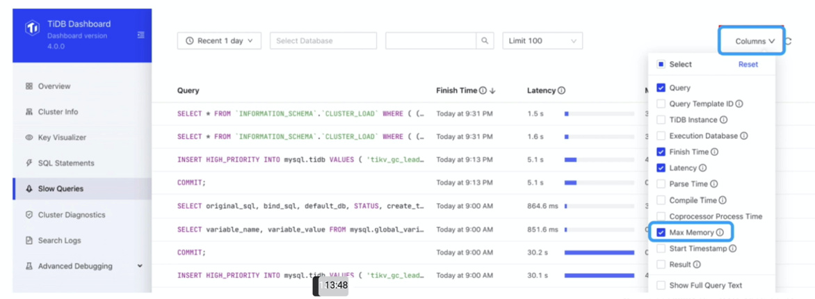 Support memory usage information in slow query list page · Issue #1195 ...