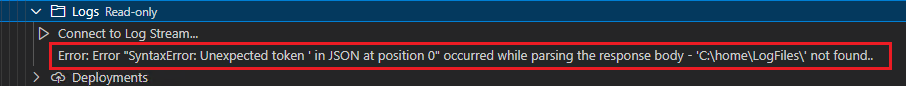 An error shows in the "Logs" node for one basic Function App slot ...