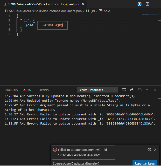 [Suggestion] Add a clear error if fail to update the document with _id ...