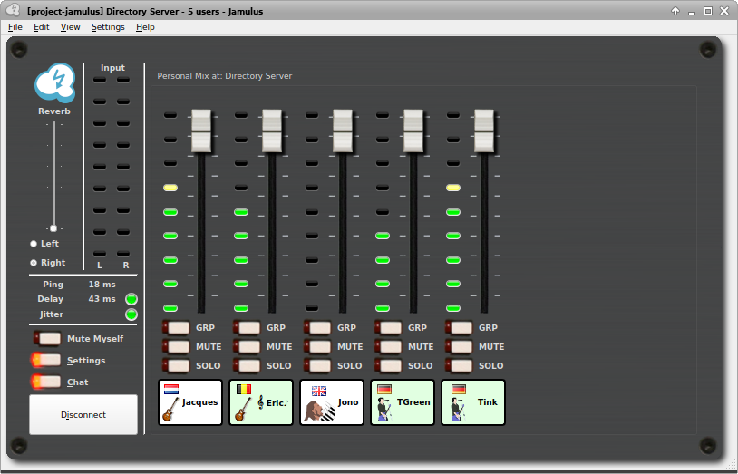 A screenshot of the main mixer window showing five people from different countries connected.