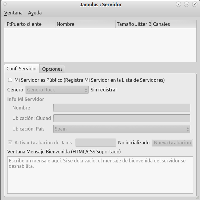 Imagen de la ventana de configuración del servidor Jamulus