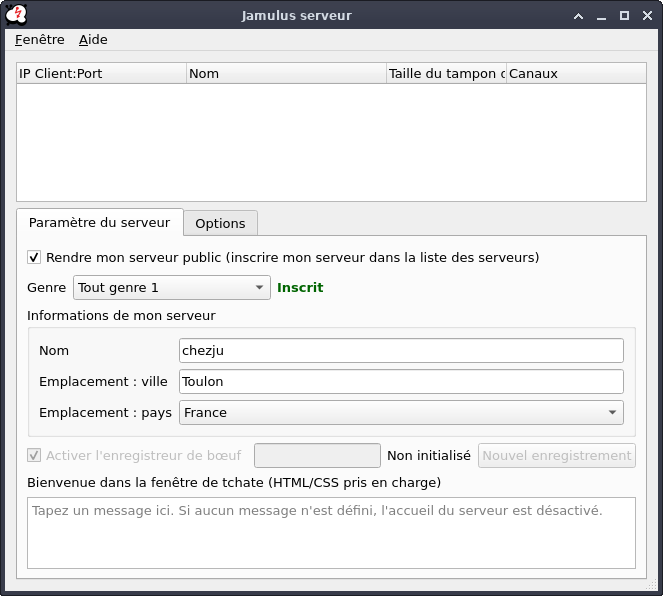 Image de la fenêtre de configuration du serveur Jamulus