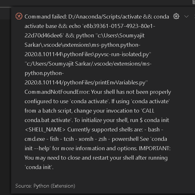 Conda Visual Studio Code error . (Your shell has not been properly ...