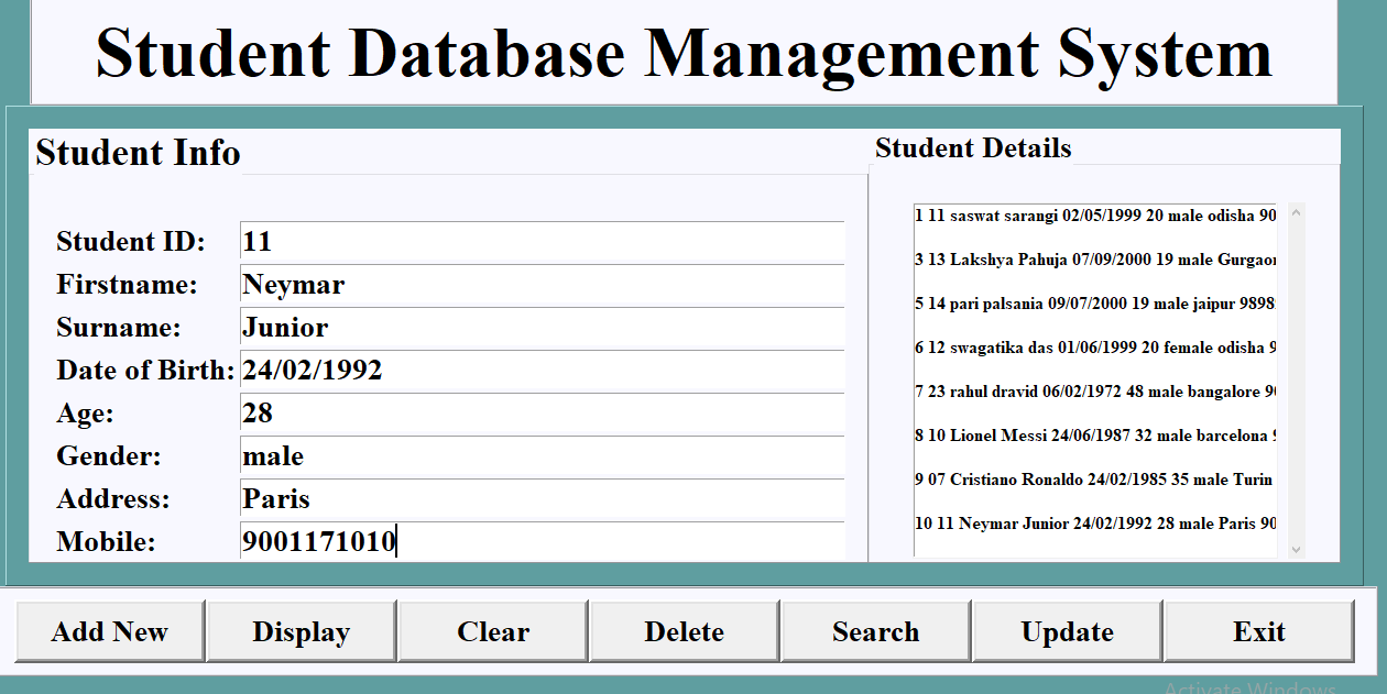 Student Database Management System