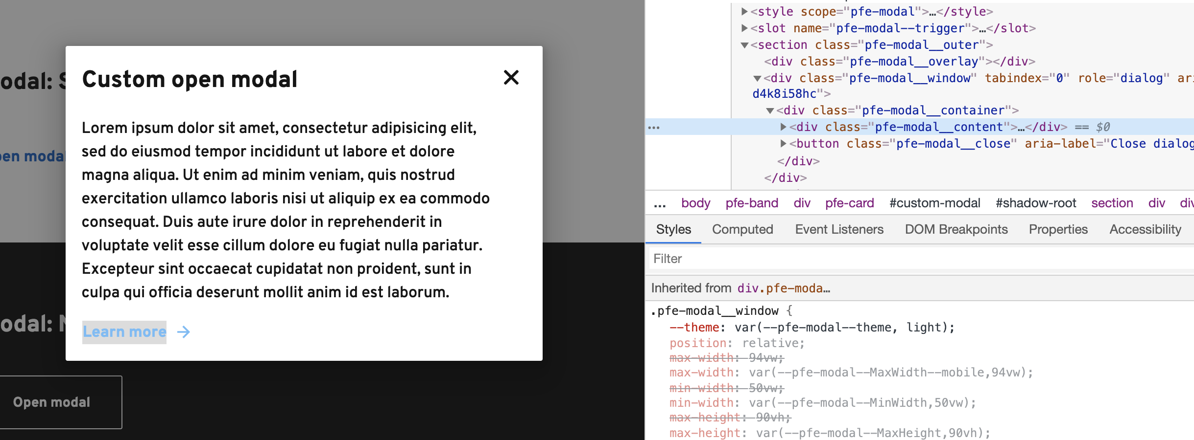 pfe-modal --theme in the content area does not work as expected 