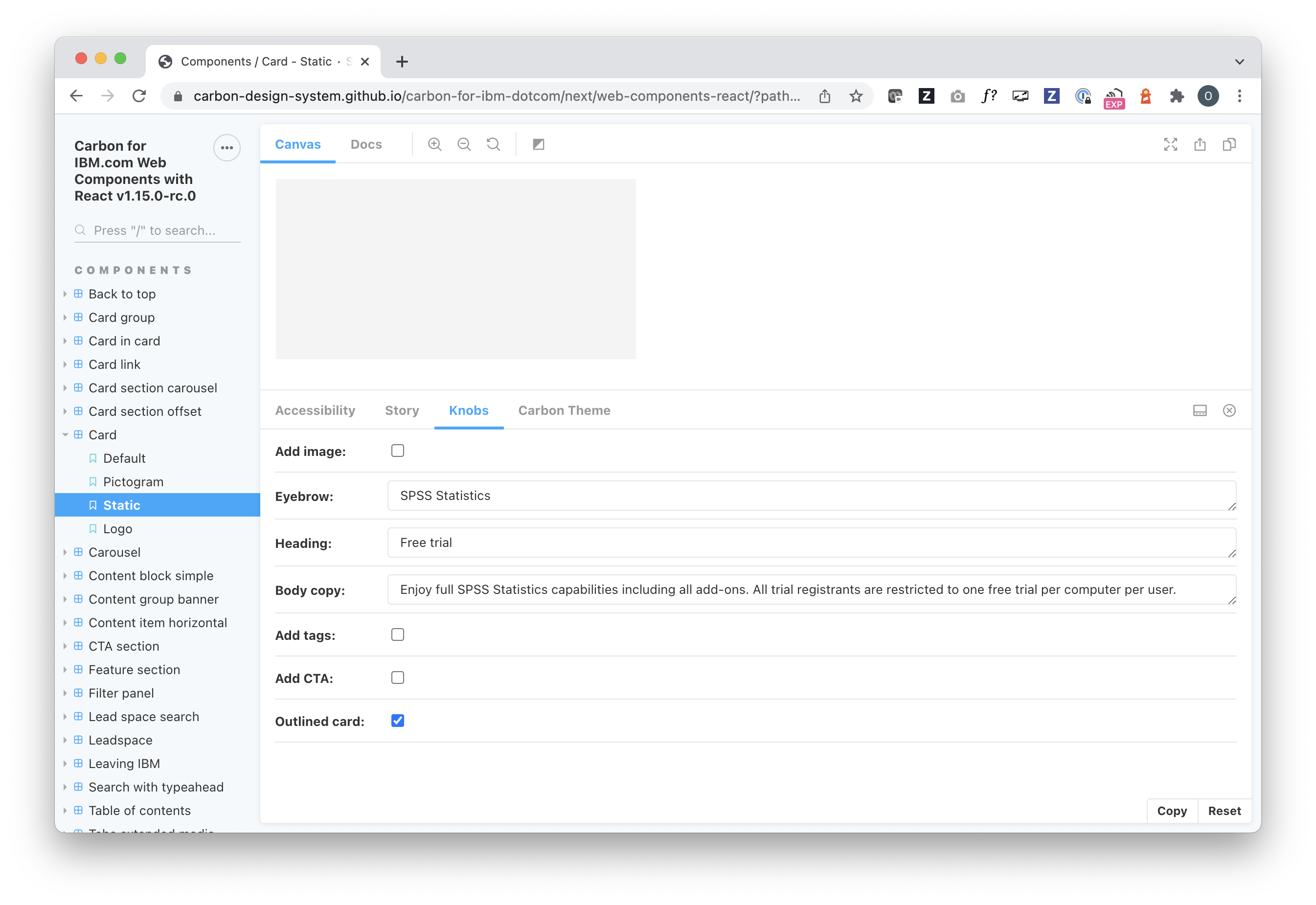 [Card static]: React wrapper – card static has no content, knobs not ...