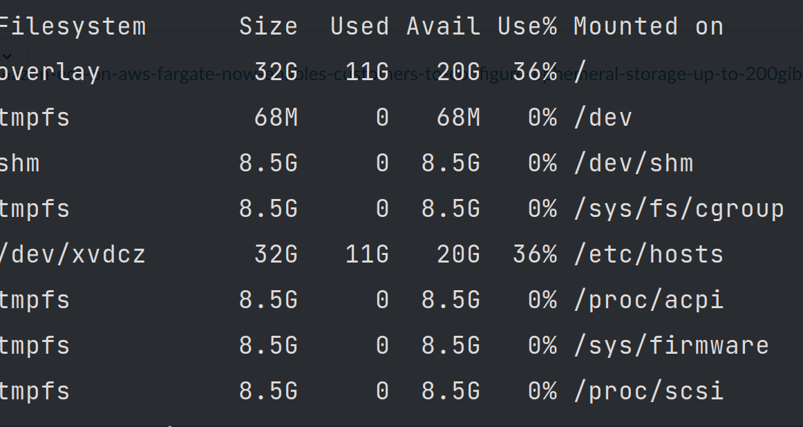 Showing output of 'df -H' ran within container. Disk space is not increased