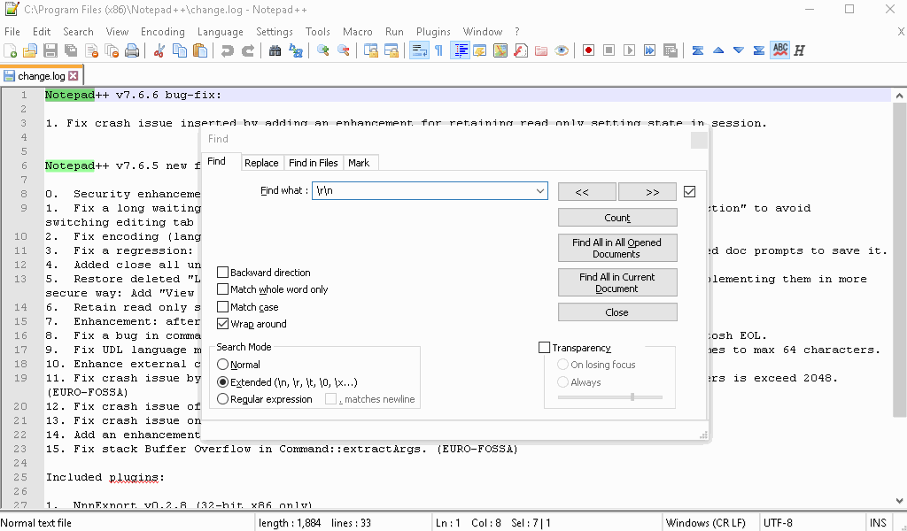 Extended Search mode in Find not reinitialized at start · Issue 5333