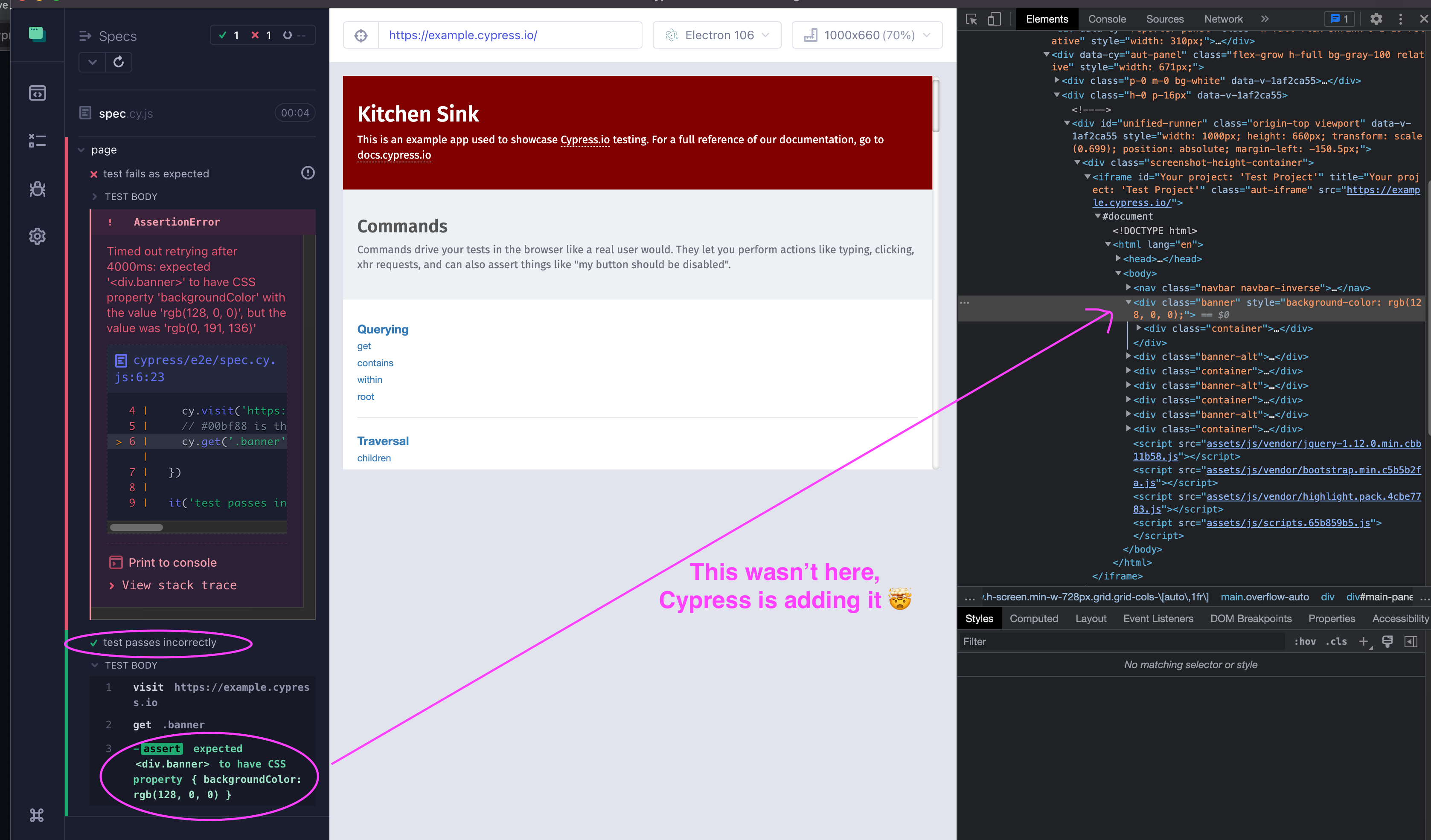 should('have.css',... inserts the styles into the dom instead of checking when passed an object